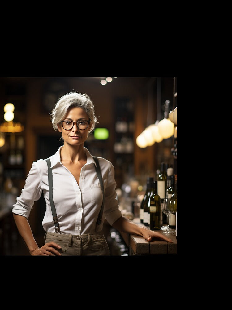 Senior Lady Sommelier Decanting Wine for Upscale Restaurant by TheBrainArt