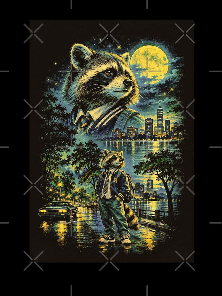 Urban Night Raccoon – Vintage City Lights, Moonlit Street & Varsity Jacket by HOUSE OF TIST