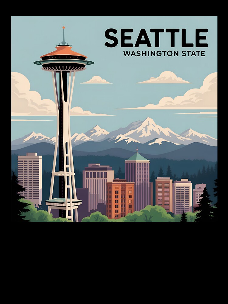 Seattle Skyline Poster – Vintage Travel Style with Space Needle and Mountains by VividOrganica