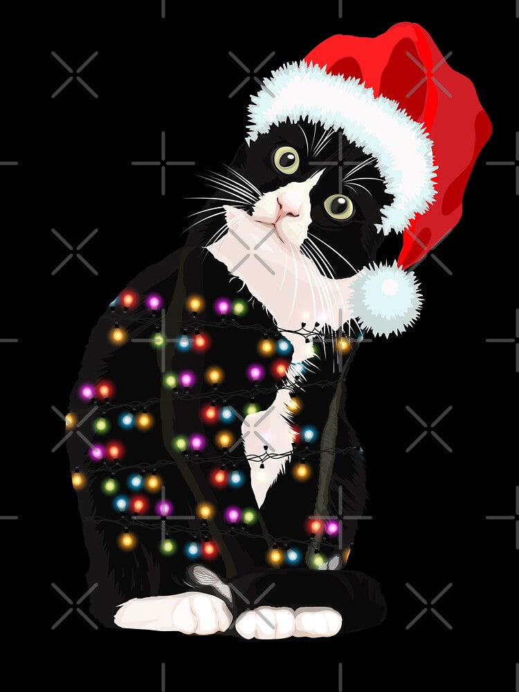 Black Santa Cat Tangled Up In Lights Christmas Santa Illustration by swedtees