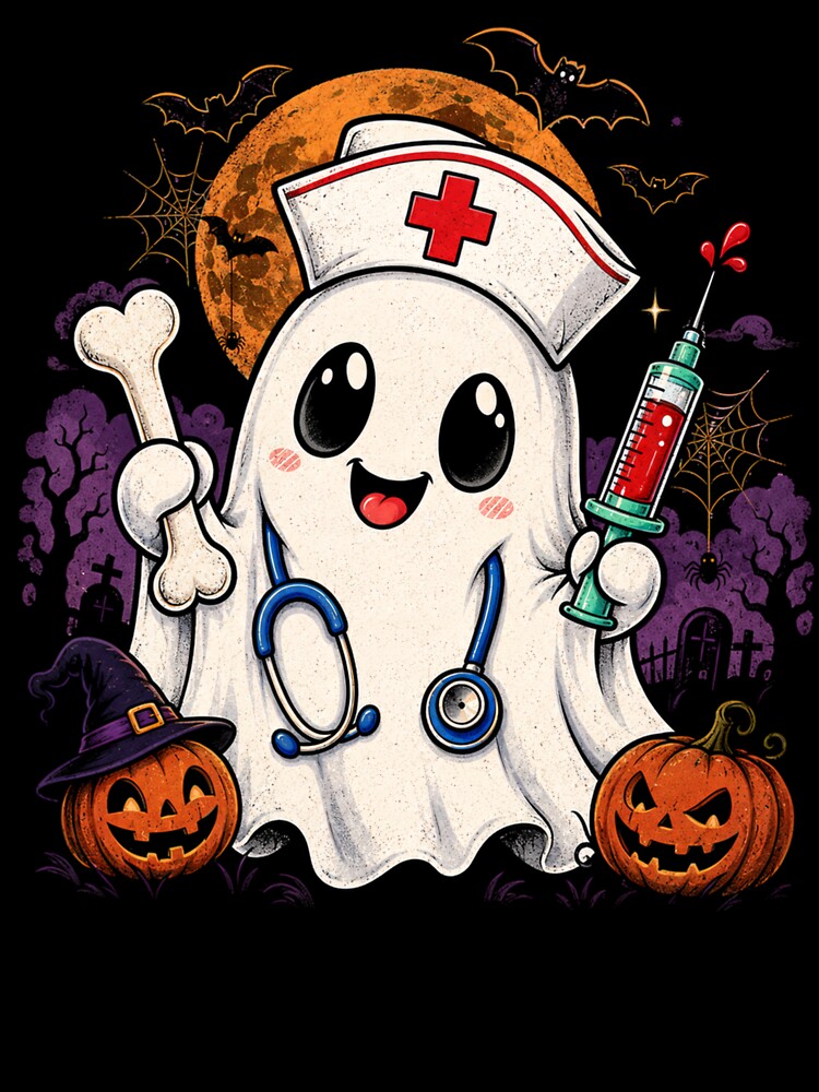 Cute Ghost Nurse Halloween Shirt Spooky Pumpkin Bats Moon by Artbyrome