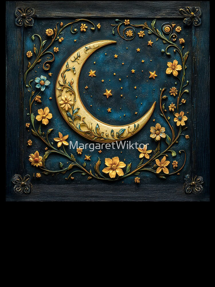 Gothic Dark Academia Crescent Moon, Wildflowers and Stars by MargaretWiktor
