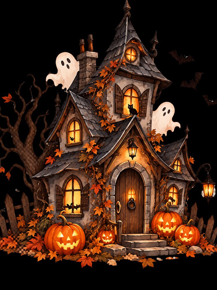Cute Haunted House with Ghosts & Pumpkins – Whimsical Halloween Art by Safa  Reda