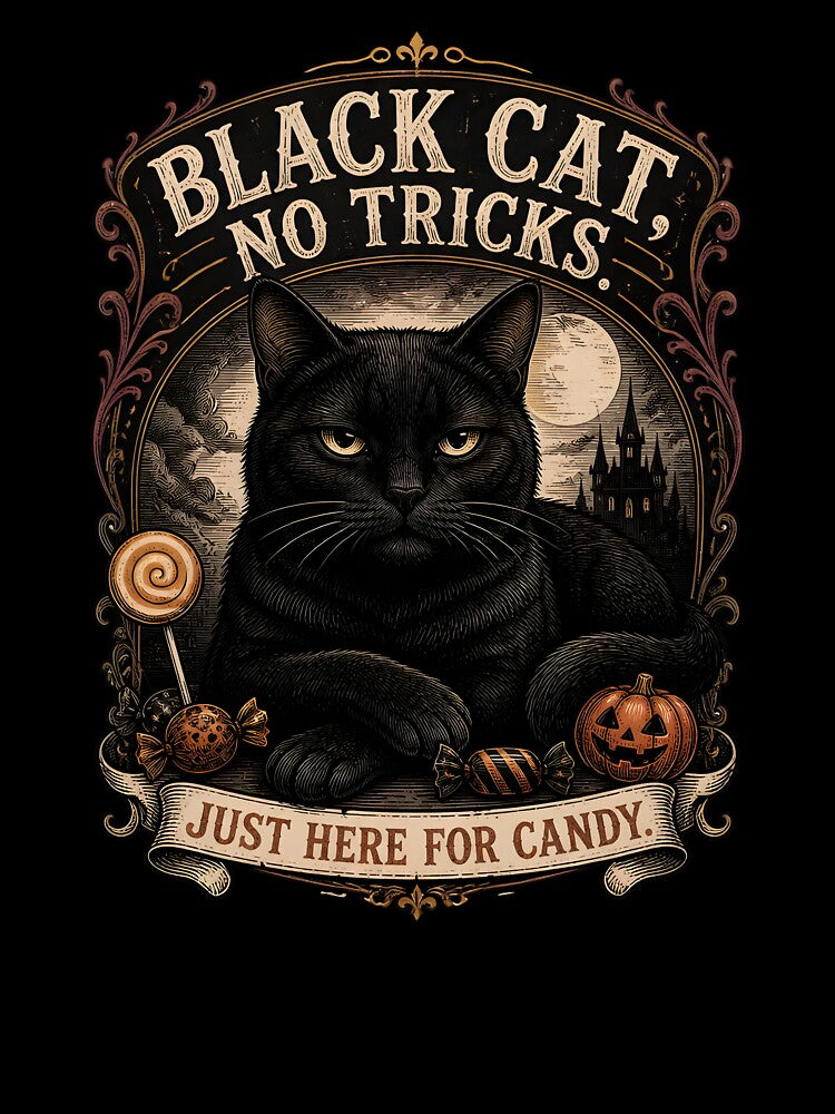 BLACK CAT, NO TRICKS Just Here for Candy Halloween Gothic Engraving by BernoNickel