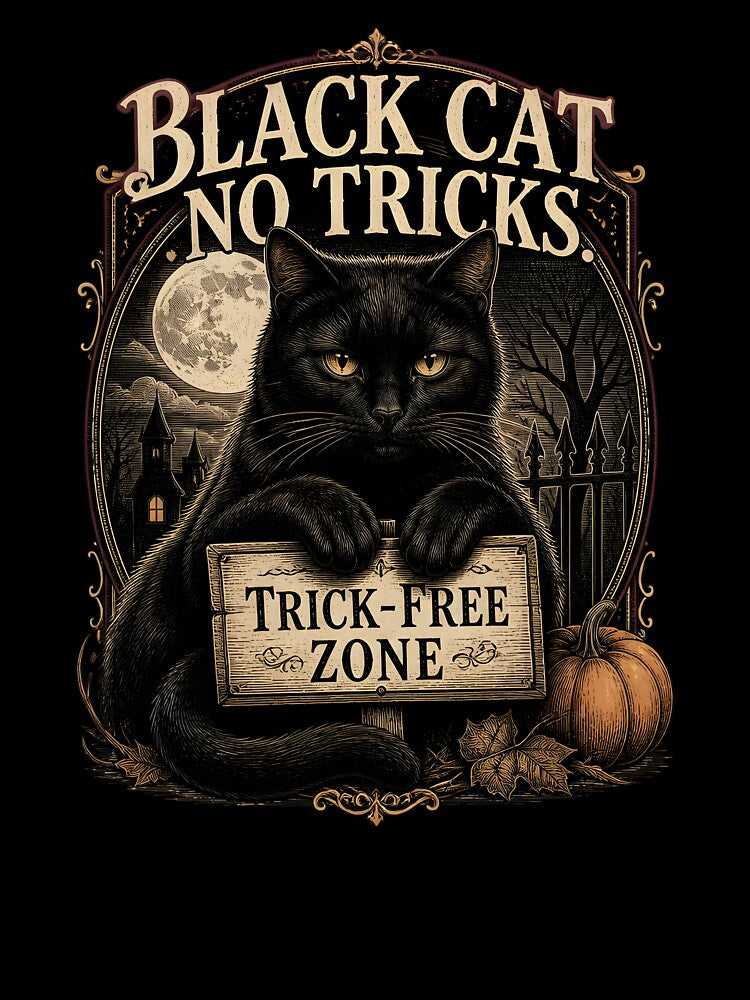 BLACK CAT, NO TRICKS Trick-Free Zone Halloween Vintage Screen Print by BernoNickel
