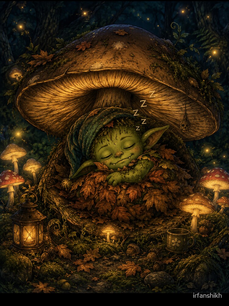 Goblincore Sleep Mode – Cozy Goblin Sleeping in Mushroom Art | Funny Night Owl Goblincore Gift by irfanshikh