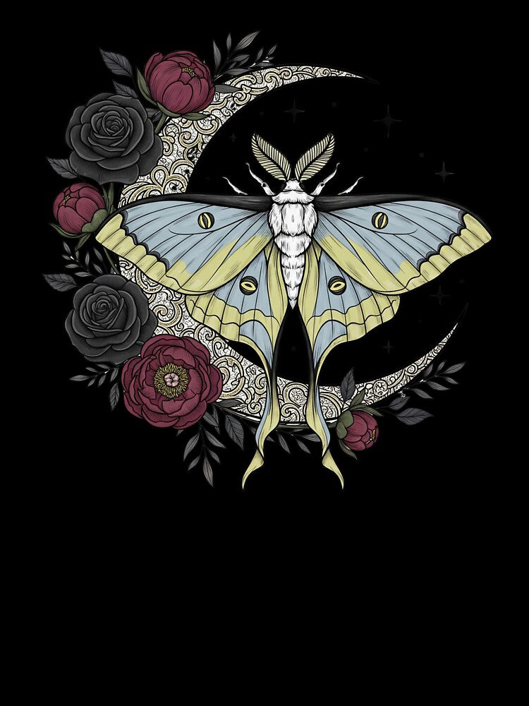 Vintage Luna Moth & Crescent Moon - Dark Gothic Florals by Jaroslaw-S