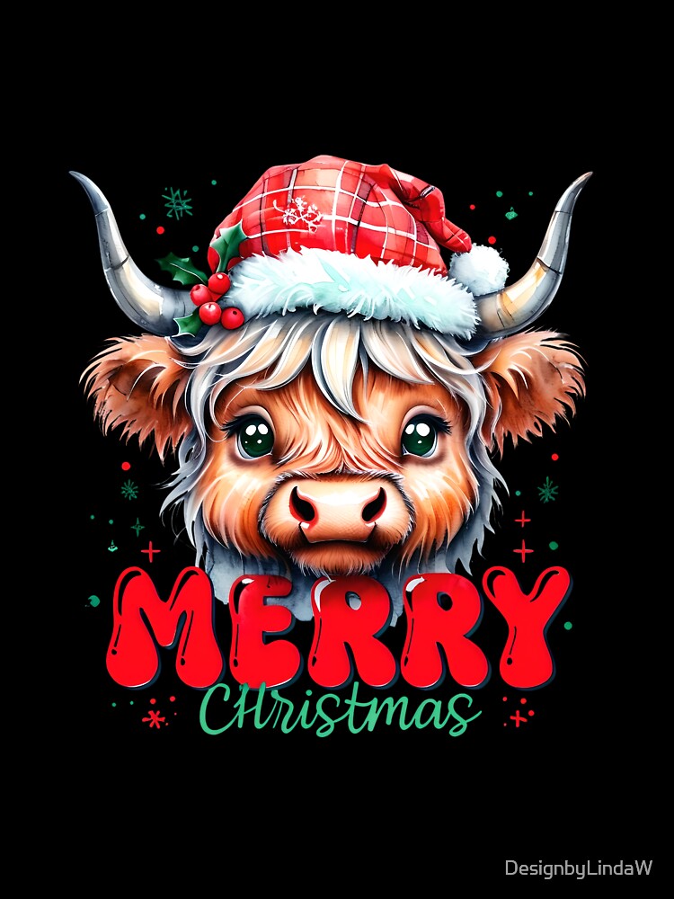 Highland Cow Christmas T-Shirt - Cute Cartoon Heilan Coo Merry Xmas by ArtisticDesignsbyLinda