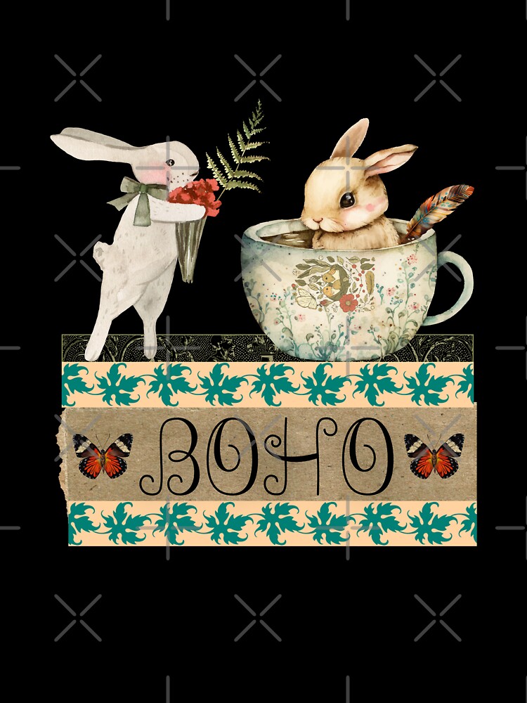 Elegant Boho Rabbit Tea Cup Collage T-Shirt - BOHO by GorinART