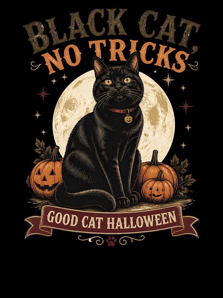 BLACK CAT, NO TRICKS Good Cat Halloween Halloween Vintage Screen Print by BernoNickel