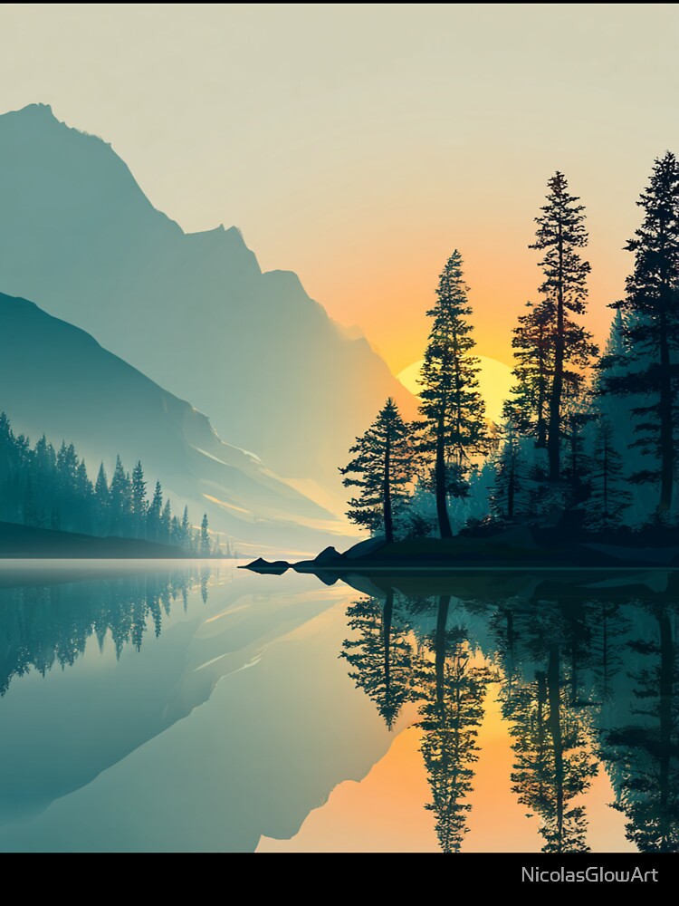 Minimalist Mountain Lake Forest Sunset Reflection Art by NicolasGlowArt