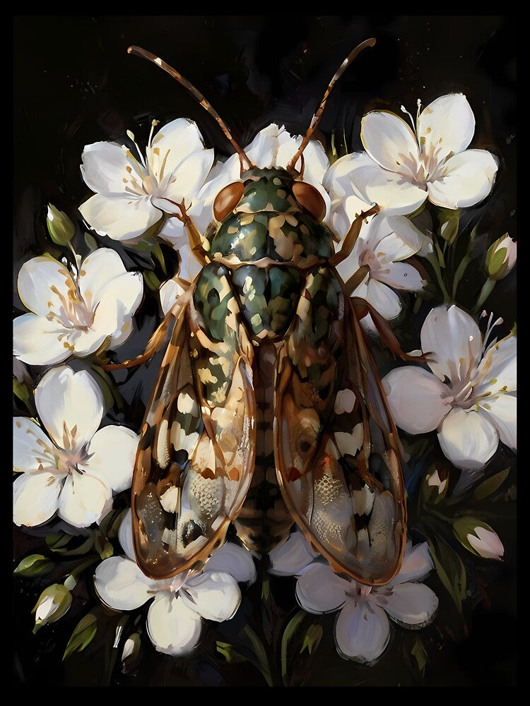 Cicada and white wild flowers - insect bug goblincore oil painting by Fantasy Cache