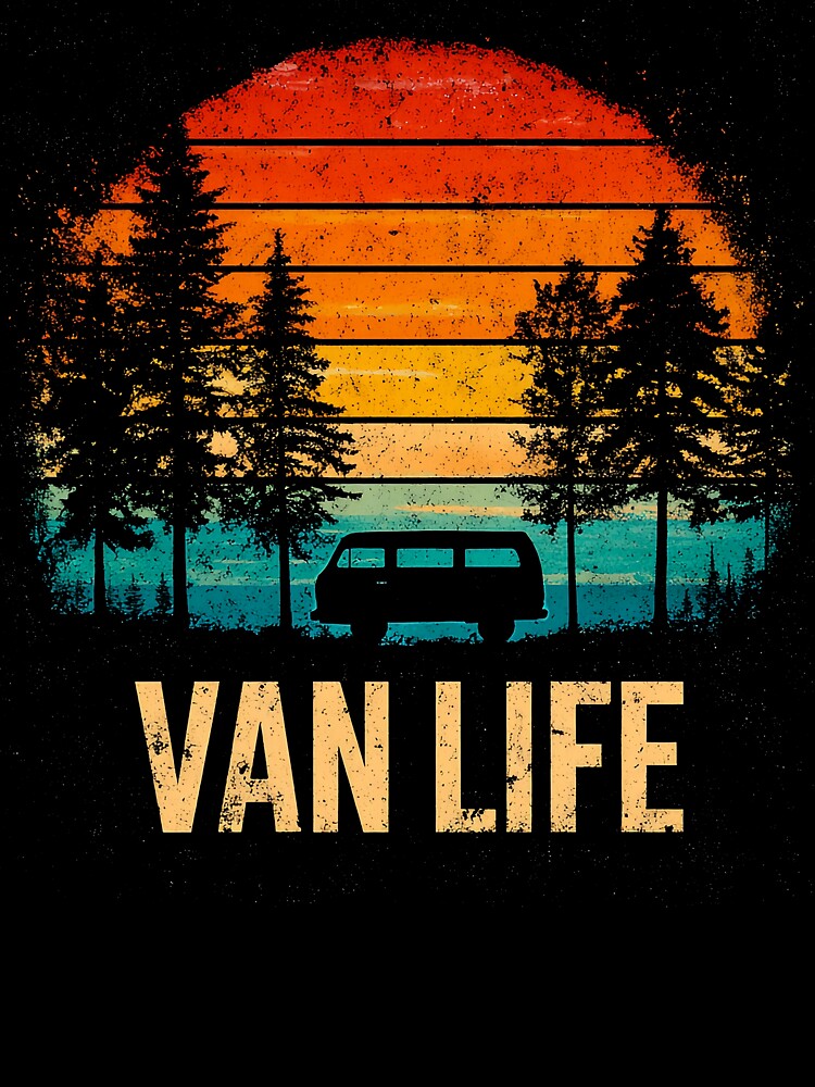 Vintage Camper Van Camping Retro Sunset Pine Forest by D-Oles-Mercher