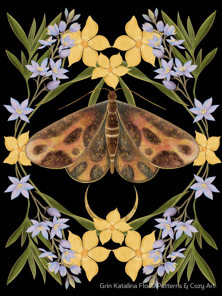 A moody and sophisticated botanical piece featuring a rich, dark-winged moth framed by elegant lavender and yellow blossoms. by Grin Katalina Floral Patterns & Cozy Art