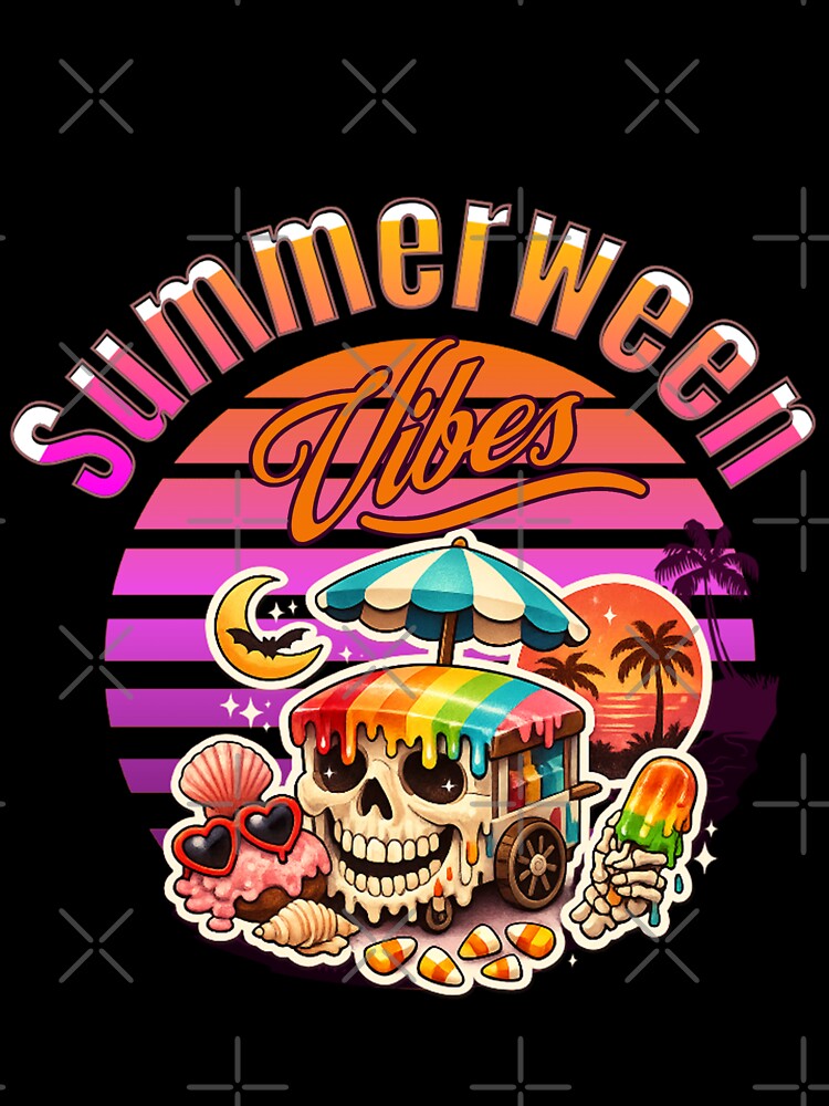 Summerween Vibes Skeleton Ice Cream Cart Retro Sunset Tropical Halloween by Youngkev-arts