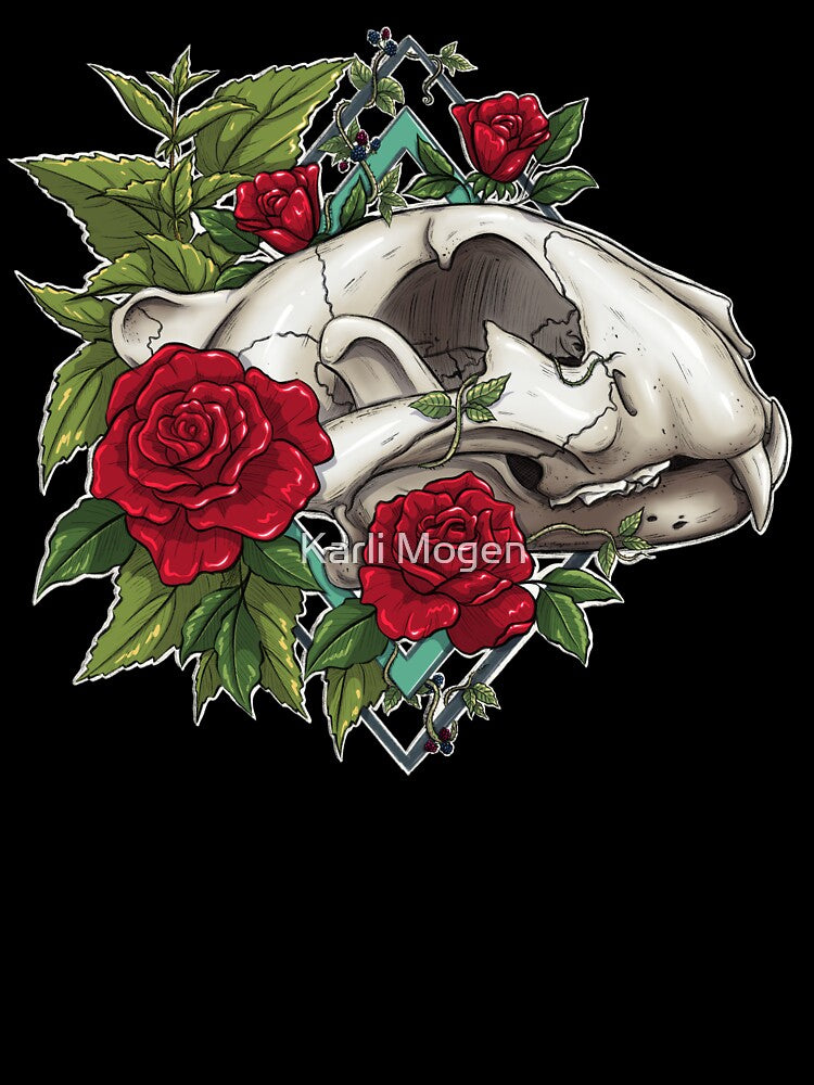 This Rose Has Thorns (on Black) | Tiger Skull Design | Skull and Botanicals Illustration by Karli Mogen