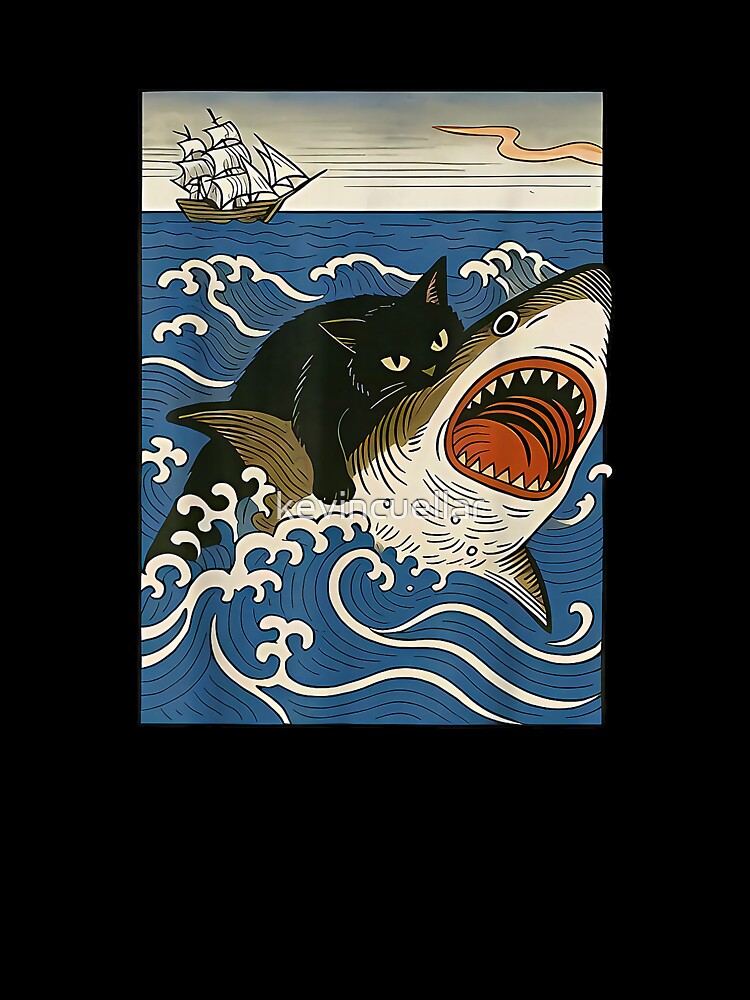 Black Cat Hunting Shark Ukiyo-e Ocean Art Japanese Style Graphic Tee T-Shirt by kevincuellar