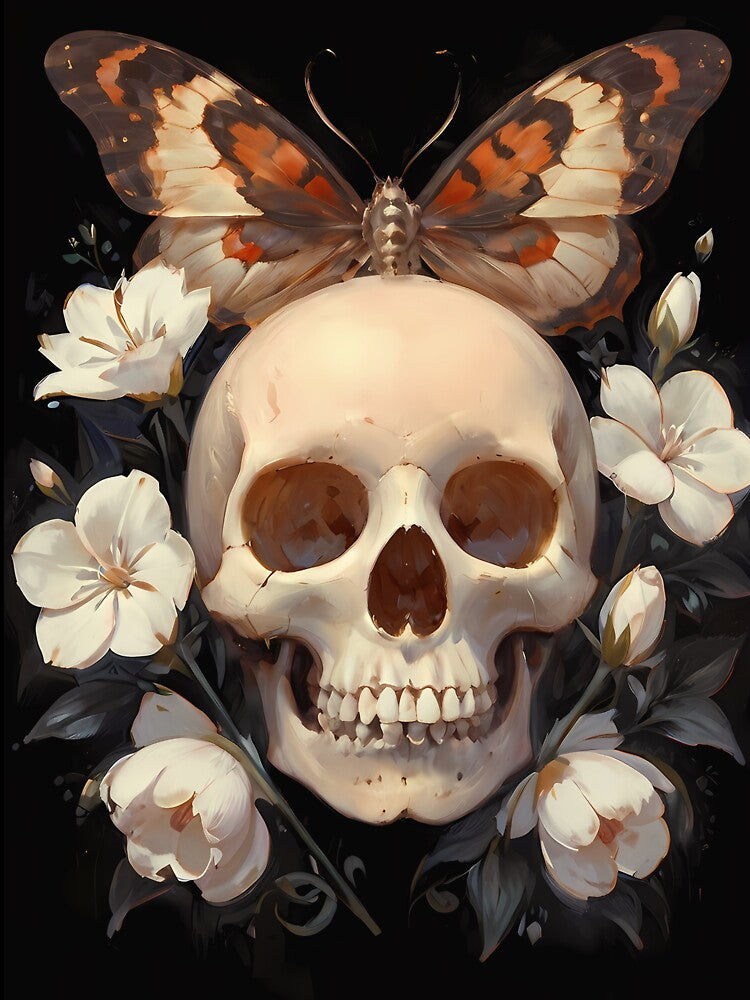 Skull, moth and white wild flowers - dark vintage gothic girly academia girlie oil painting by Fantasy Cache