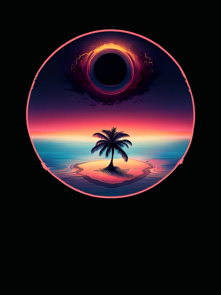 Surreal retro sunset black hole over a lone palm by analogsandpixel