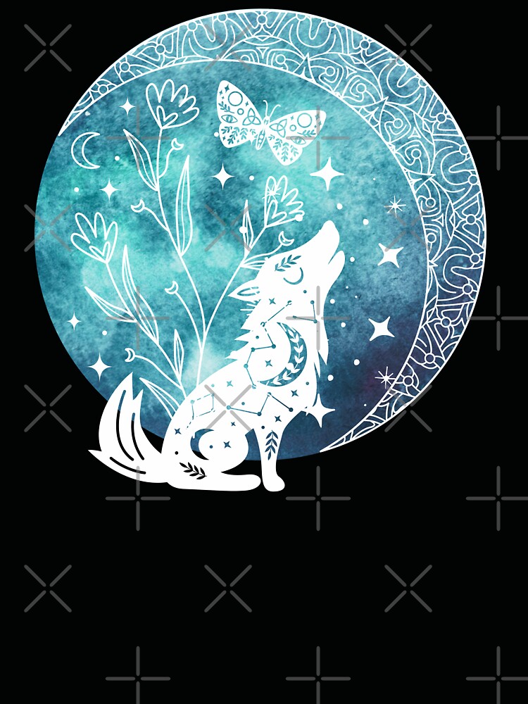 Cute Celestial Wolf Moon, Stars and butterfly Boho Vibes by Sarah Wainwright