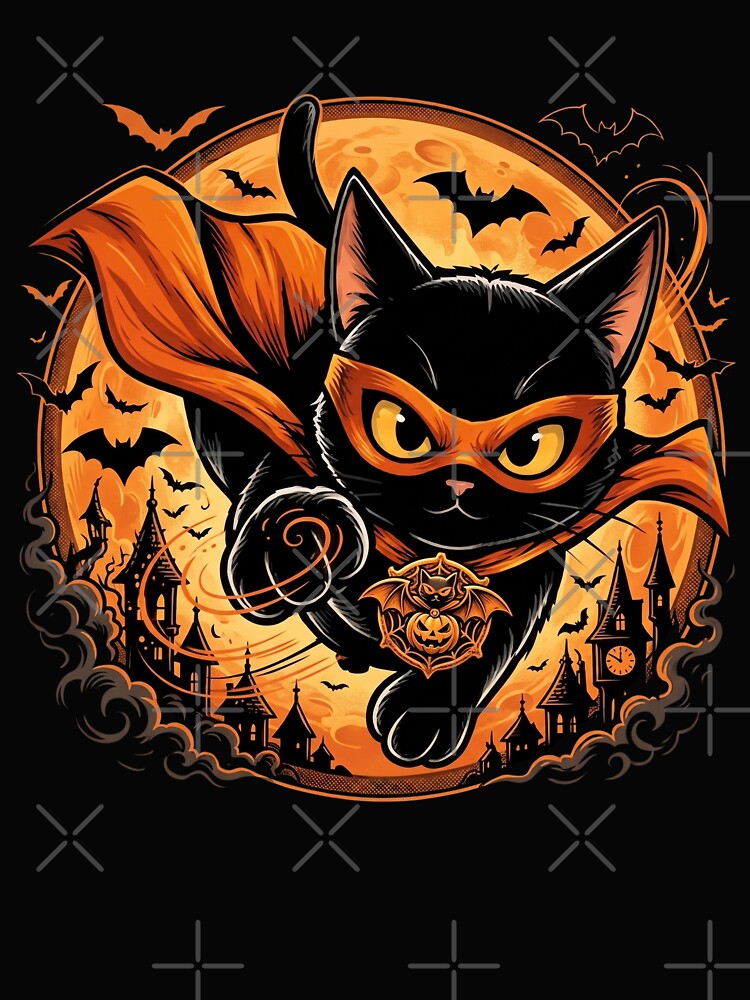 Superhero Black Cat Halloween Bat Moon Vintage Comic by Retro Whiskers