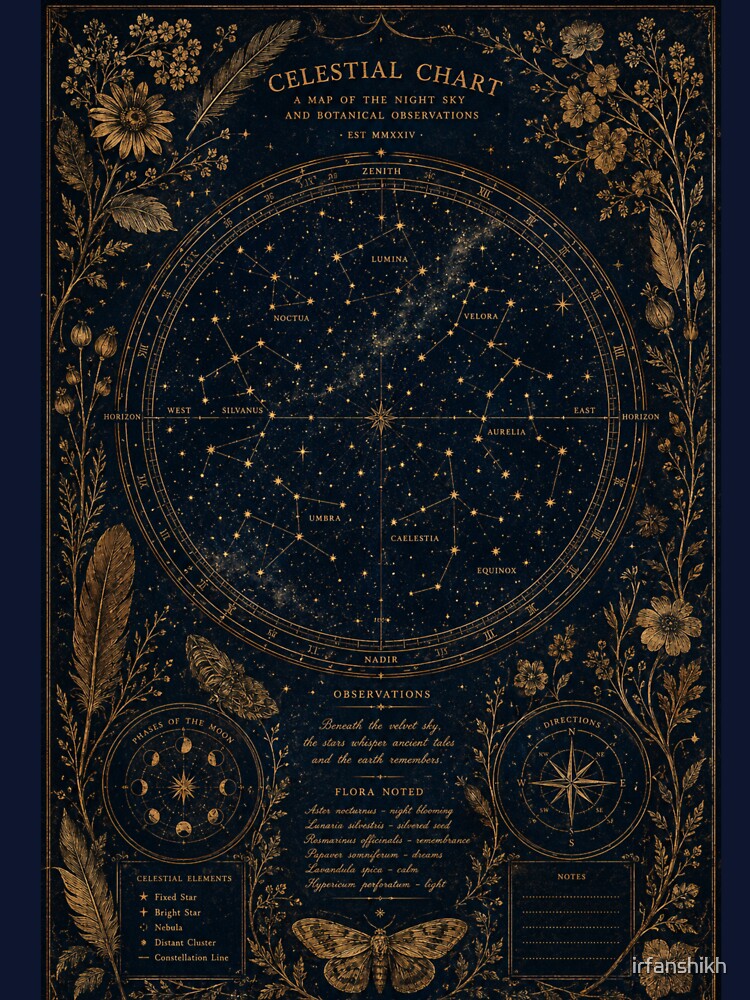 Dark Academia Vintage Celestial Map – Botanical Star Chart Astronomical Art | Dark Academia Wall Art by irfanshikh