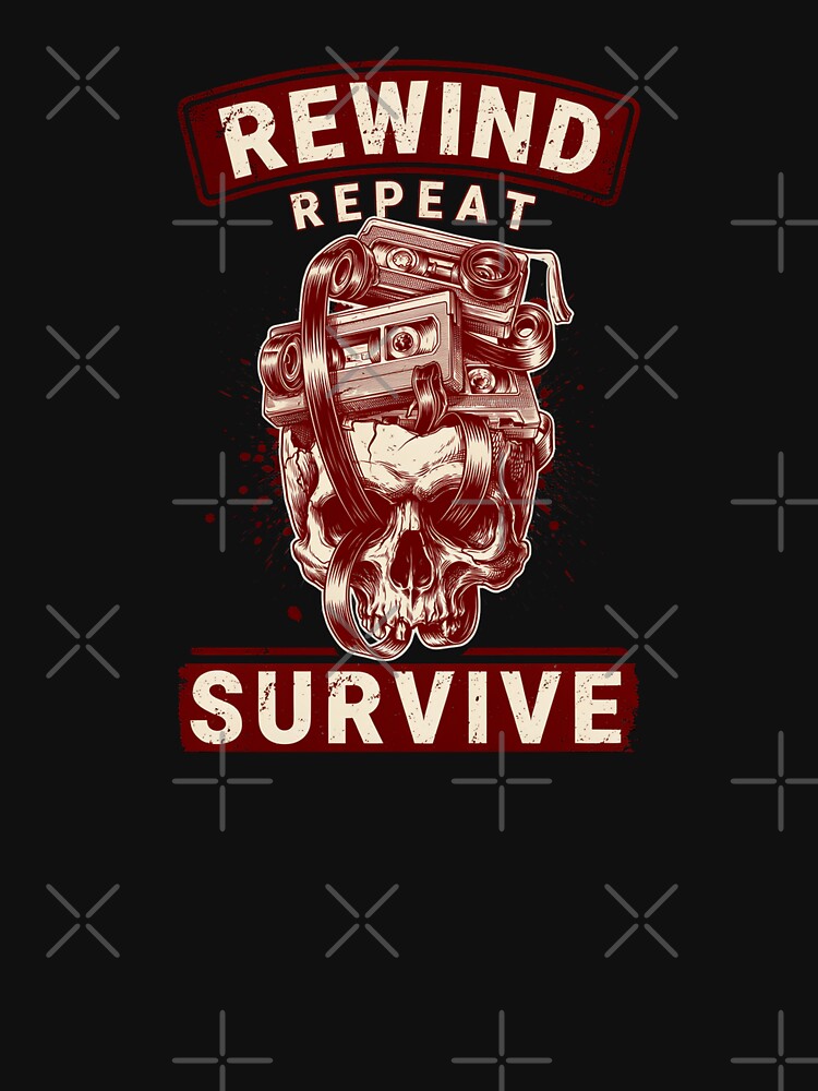Rewind Repeat Survive, Retro VHS Horror Skull Vintage 80s by CryptReel
