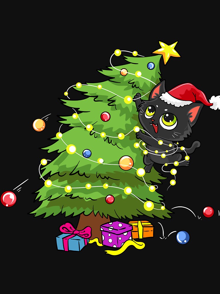 Santa Black Cat Tangled Up In Christmas Tree Lights Holiday by tronictees
