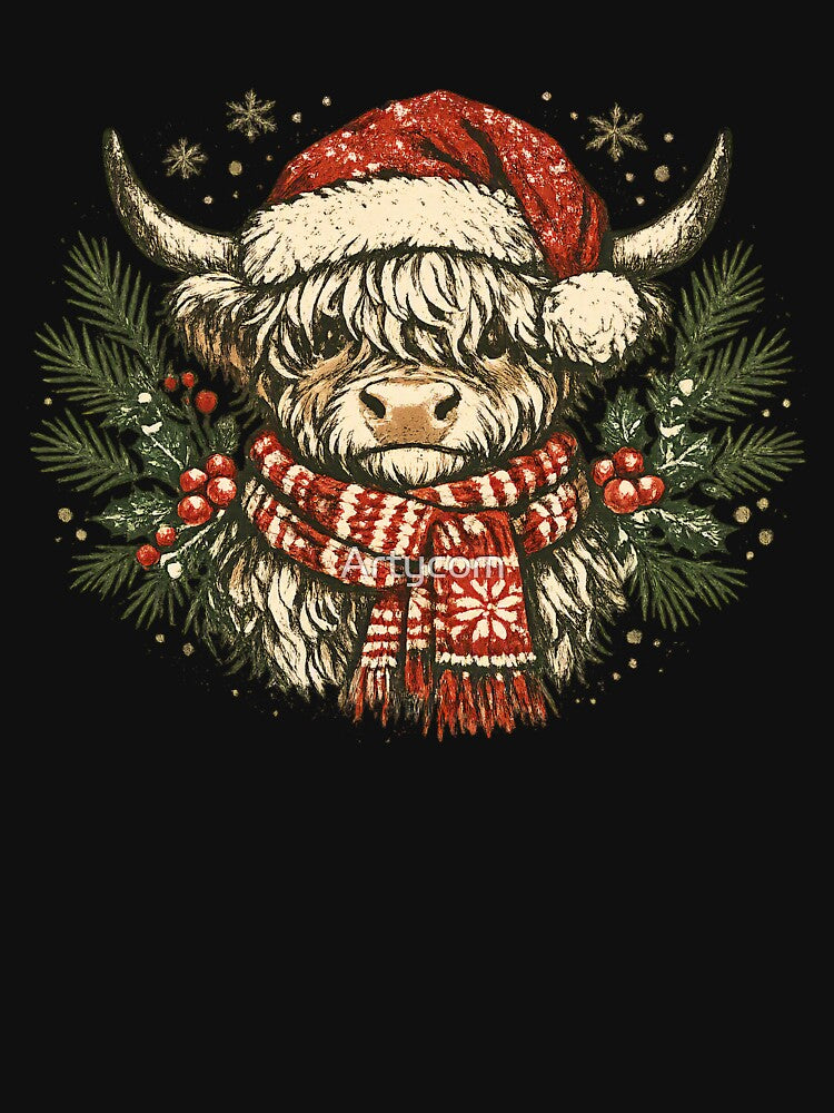 Cute Christmas Highland Cow – Festive Rustic Farmhouse Holiday Winter Gift by Artycom