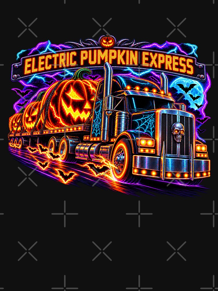 Electric Pumpkin Express Semi Truck - Neon Halloween Trucker Art by NomadForge