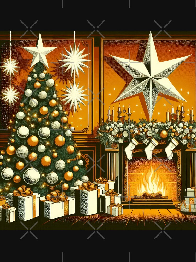 Christmas Vintage Gilded Christmas tree and fireplace and gold star,Christmas tree,christmas retro,Christmas Vintage by Expressions-Sel
