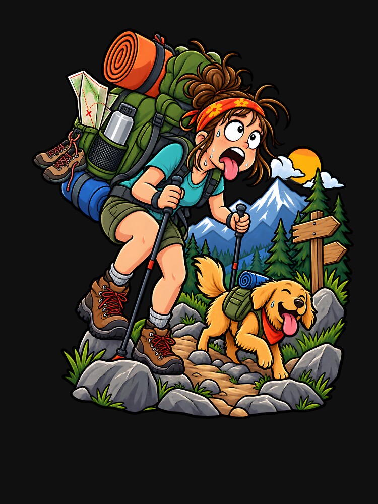 Funny Hiking Girl Adventure Dog Mountain Trail Camping by Tbenghali