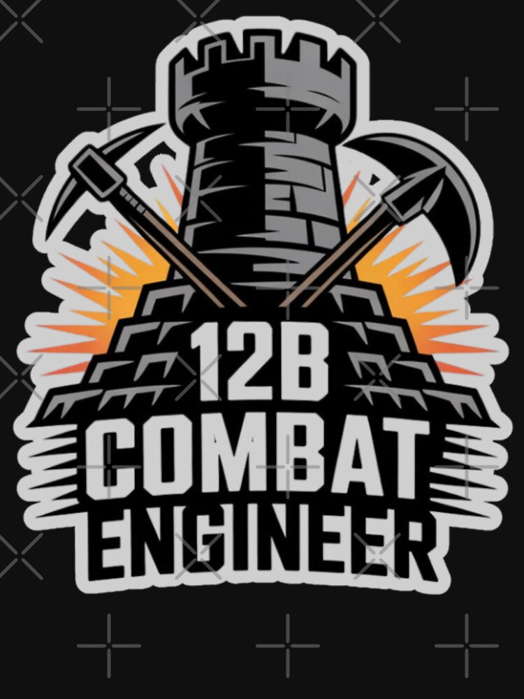 12B Combat Engineer — Castle Tower Emblem with Crossed Pickaxes and Explosion U.S. Army MOS Graphic White Outline by GFamilyC