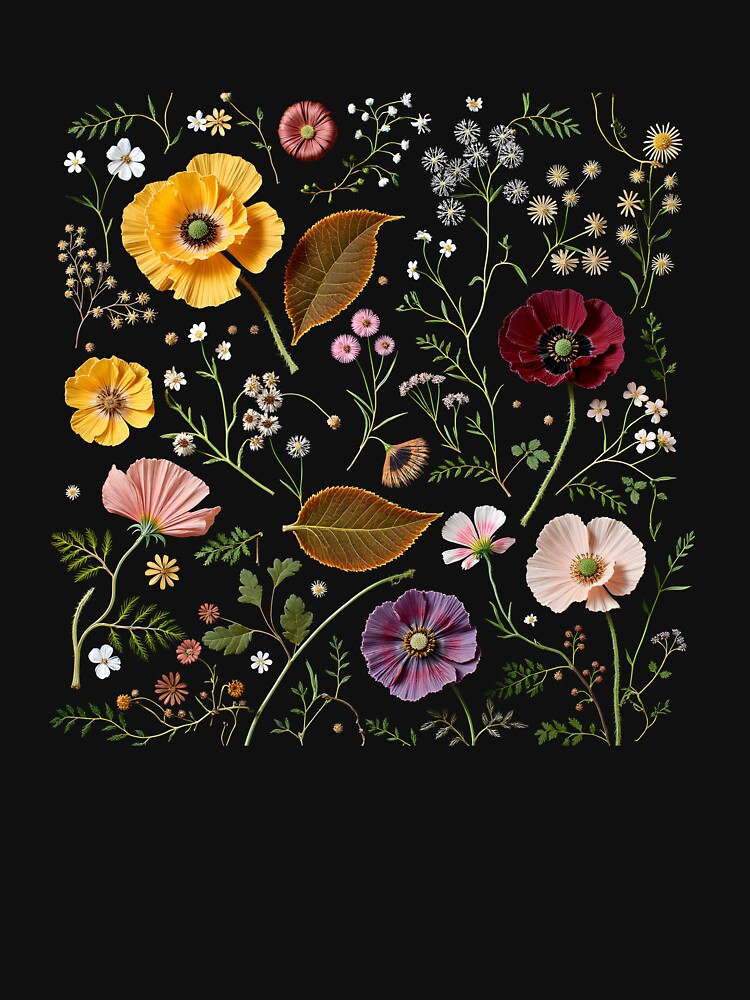 Vibrant Poppies & Wildflowers Botanical Collage on Black by MaciejRudzinsky