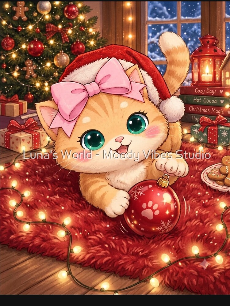 Cozy Christmas Cat Luna in Santa Hat by Luna's World - Moody Vibes Studio