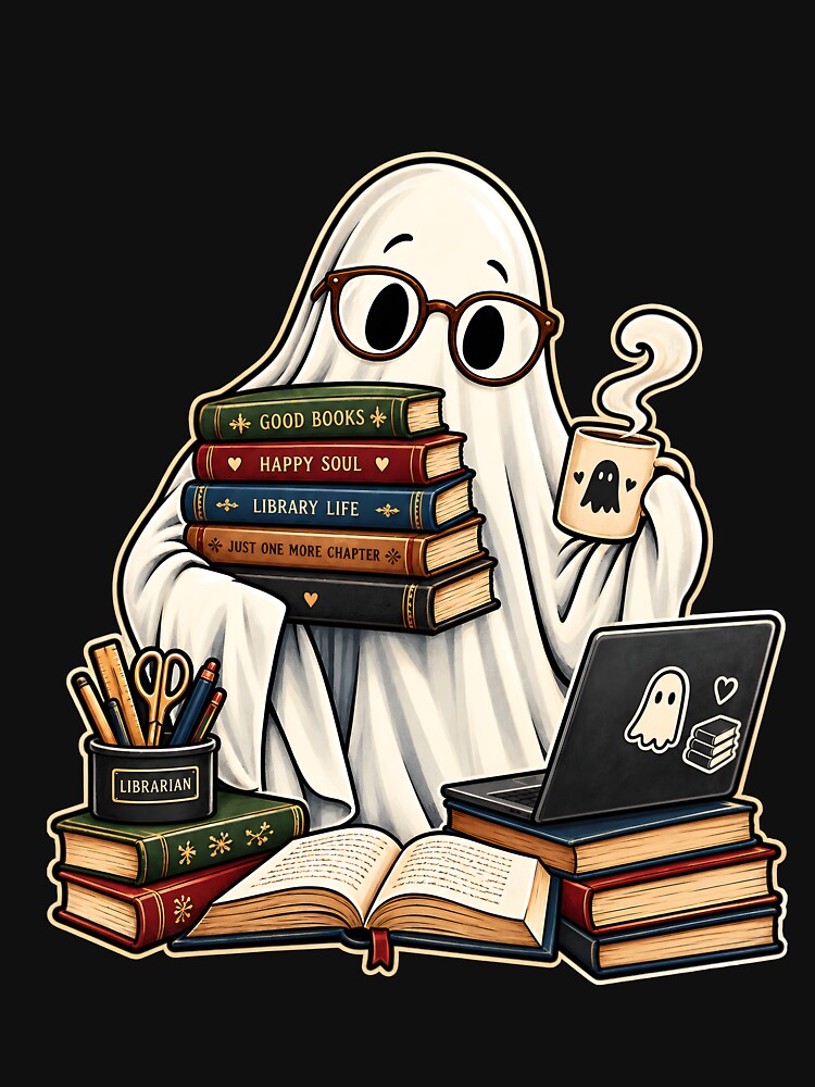 Spooktober Ghost Librarian Cozy Reading Funny Halloween Book Lover Design by PrintInkLab