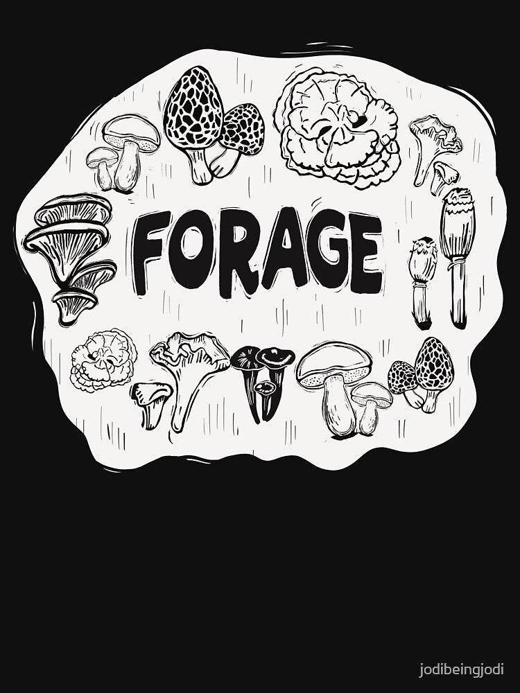 Forage ~ Mushroom Foraging Design ~ Linoleum Block Style ~ Nature and Forest Inspired by jodibeingjodi