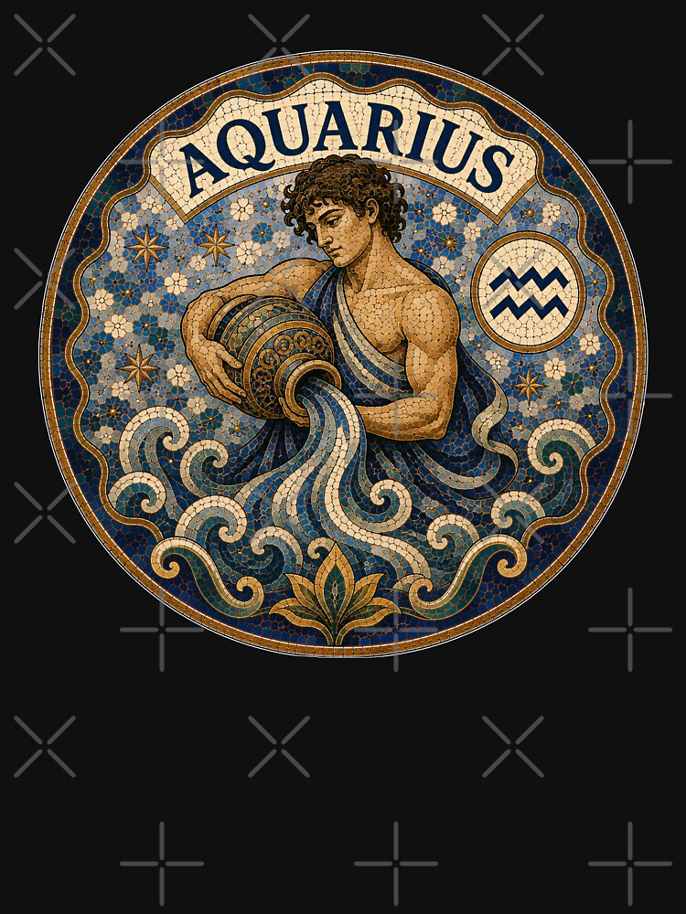 Aquarius Zodiac Mosaic Water-Bearer Emblem — Classical Astrology Sign Decorative Round Tile Art by portokalis