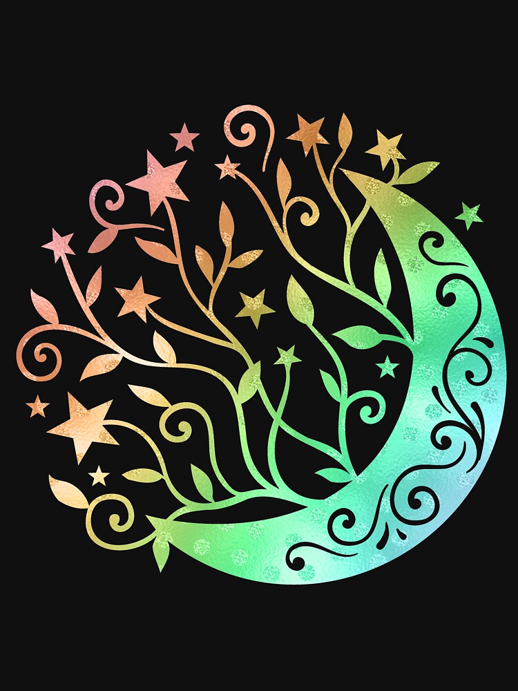 Crescent Moon With Leaves and Stars - Rainbow Glitter by murkyswamp