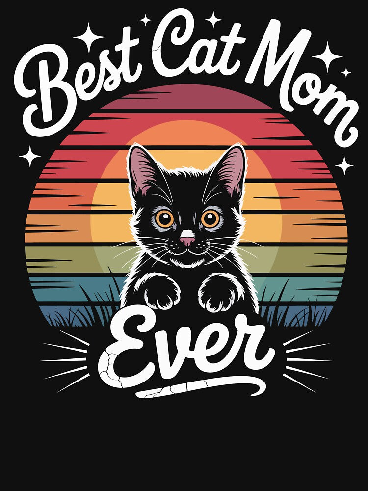 Best Cat Mom Ever – Retro Sunset Cute Black Cat T-Shirt Design by UmazDesigns