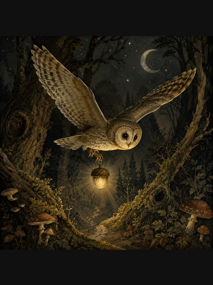 Lantern Flight - Cozy Cottage Woodland Owl by bapupa