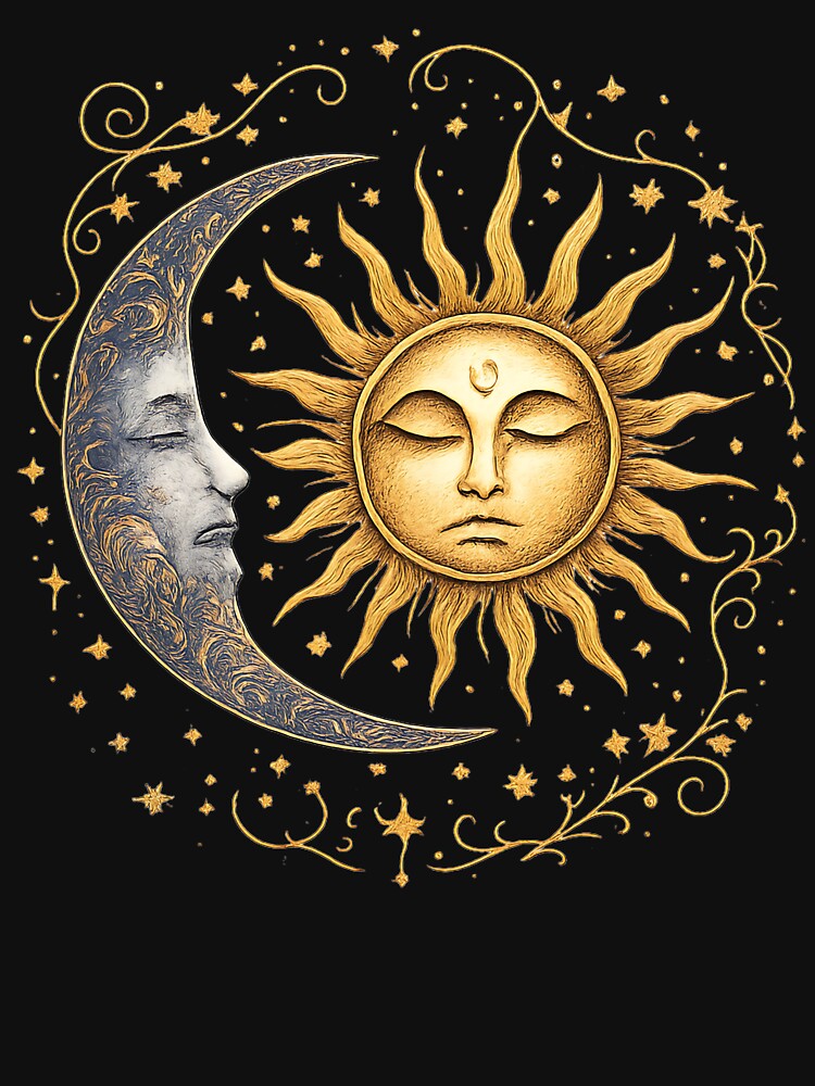 Sun and Moon Celestial Face Gold Mystical Astrology Art by BumbleBloom7