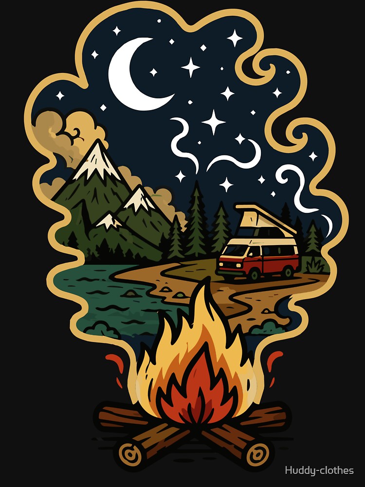 Campfire Smoke Transforming into a Mountain Camping Landscape with Camper Van, Crescent Moon, Pine Forest, and Starry Night Sky by Huddy-clothes