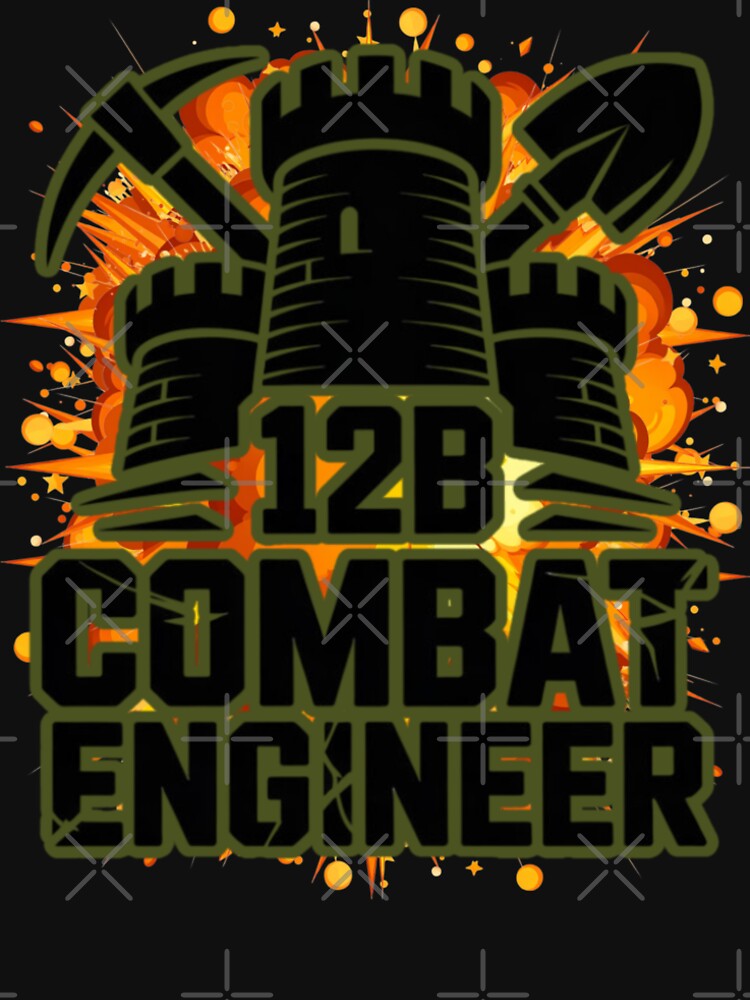 12B Combat Engineer — Classic Castle Tower Emblem with Shovel and Pickaxe U.S. Army MOS Graphic Green Outline Explosion by GFamilyC