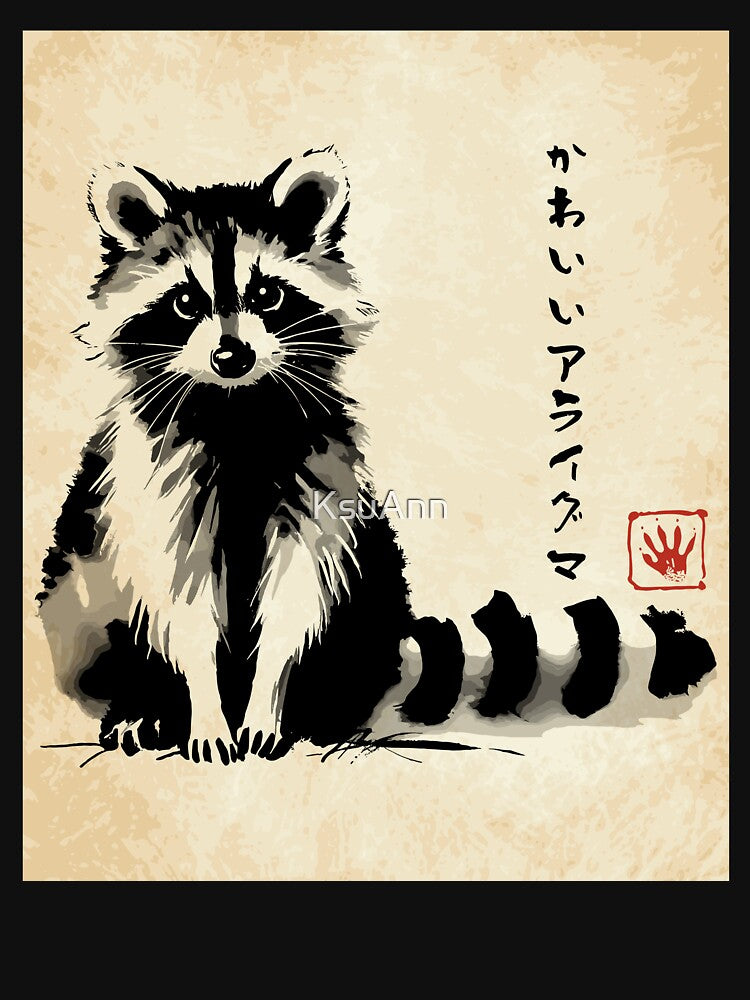Kawaii Raccoon Anime Japanese Ink Style Streetwear Novelty Funny Raccoon by KsuAnn