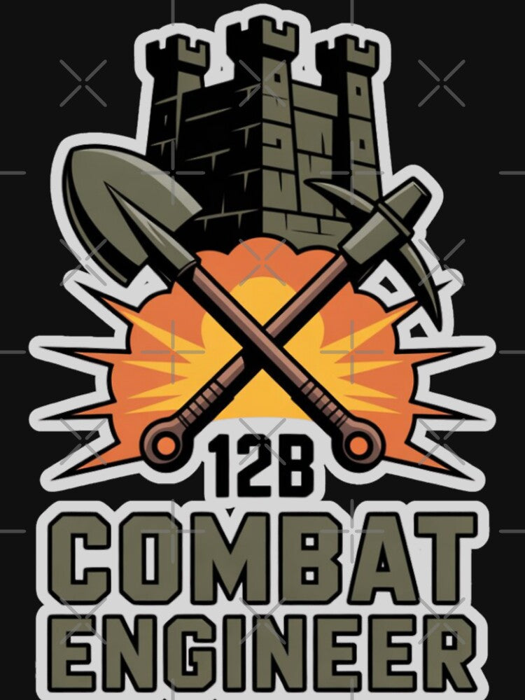 12B Combat Engineer — Castle Tower Emblem with Shovel, Pickaxe, and Explosion U.S. Army MOS Graphic White Outline by GFamilyC