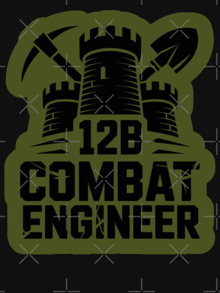 12B Combat Engineer — Classic Castle Tower Emblem with Shovel and Pickaxe U.S. Army MOS Graphic Green Outline by GFamilyC