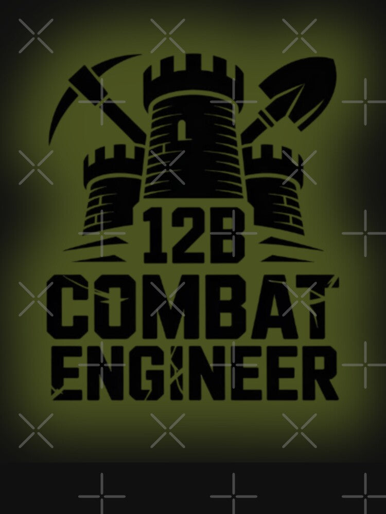 12B Combat Engineer — Classic Castle Tower Emblem with Shovel and Pickaxe U.S. Army MOS Graphic Green Glow by GFamilyC