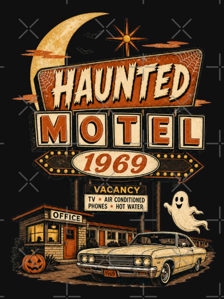 Haunted Motel Halloween 1969 – Vintage Retro Roadside Spooky Design by Artxotic Studio
