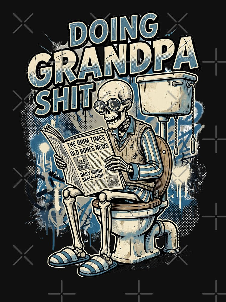 Doing Grandpa Shit Funny Newspaper Skeleton by dudelinart